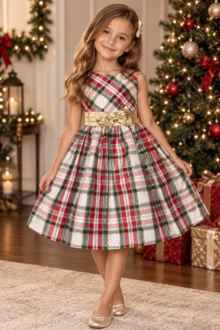 NWT Bonnie Jean Girls Size 8 Christmas Metallic Plaid Holiday Dress Gold Bow